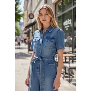 NWT Avec Les Filles Sz 27 Denim Button Belted Jumpsuit Western Cowgirl Rodeo